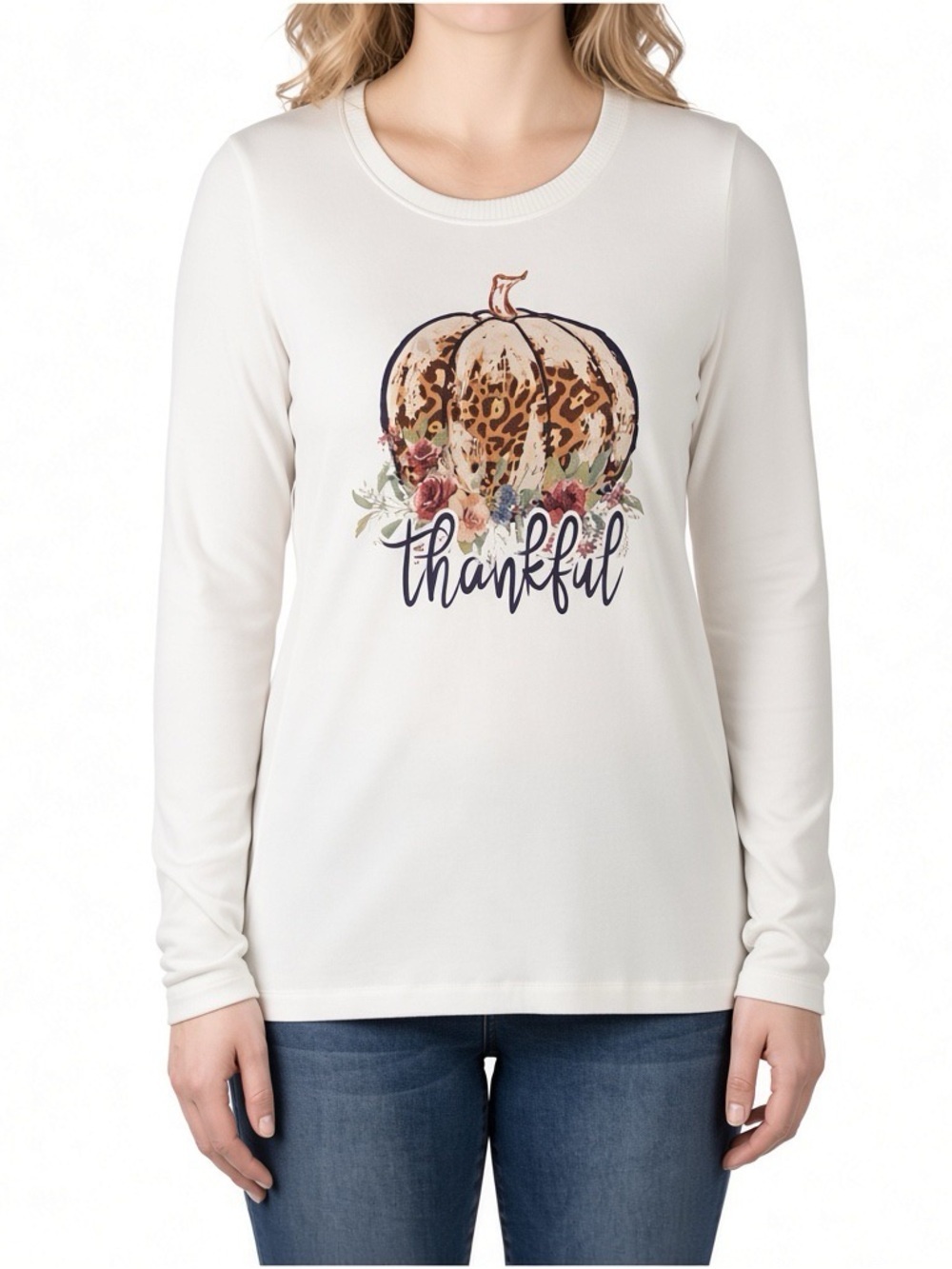 Women’s Fall Long Sleeve Thankful Pumpkin Graphic Tee - Picture 3 of 9